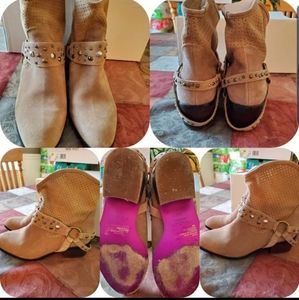 Twiggy London, strappy short suede tan boots